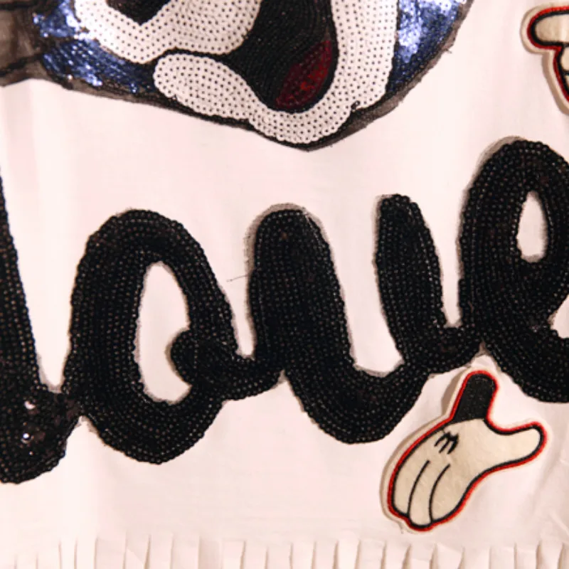 Харадзюку рубашка мультфильм блёстки синий кот футболка с вышивкой кисточки