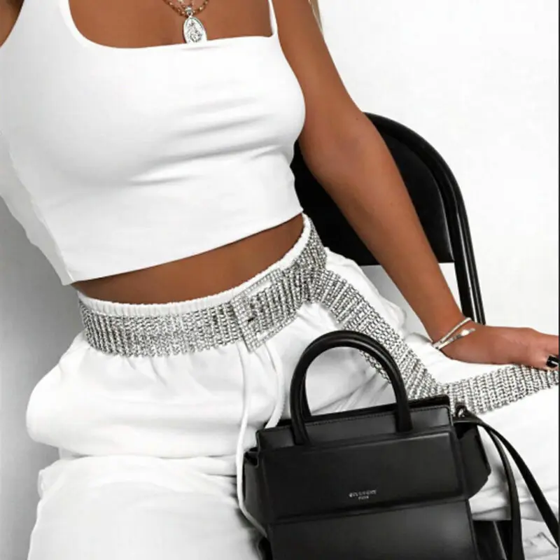 

Fashion New Women Silver Crystal Wide Chain Belt Full Diamonde Glitter Rhinestone Waistband