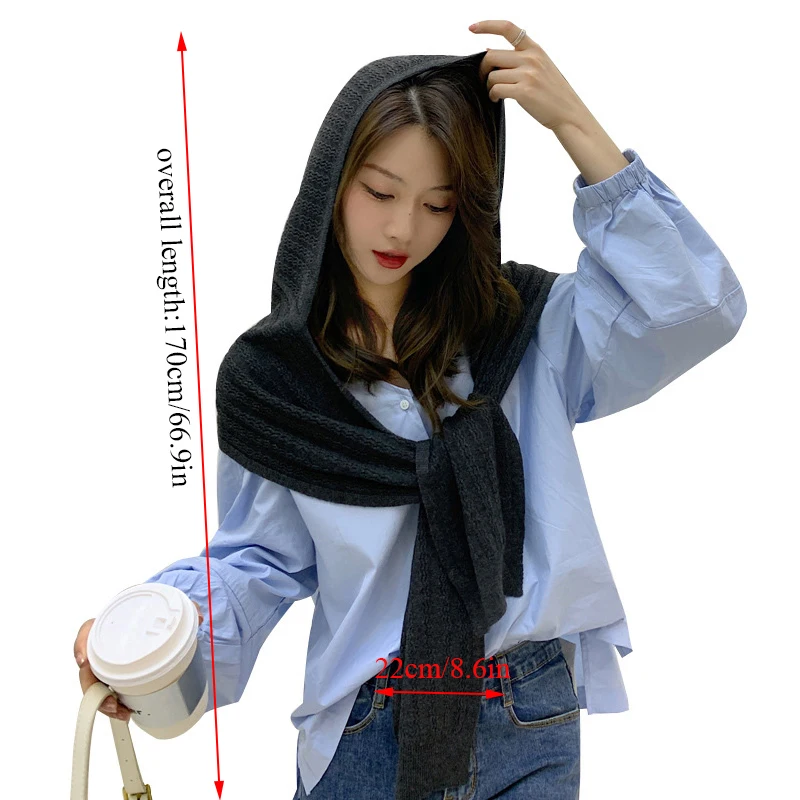 

Female Shawls Wraps 170*22cm Winter Warm Comfortable Knit Hooded Scarf Women Girls Solid Color Simple Neck Ear Warmer Wrap