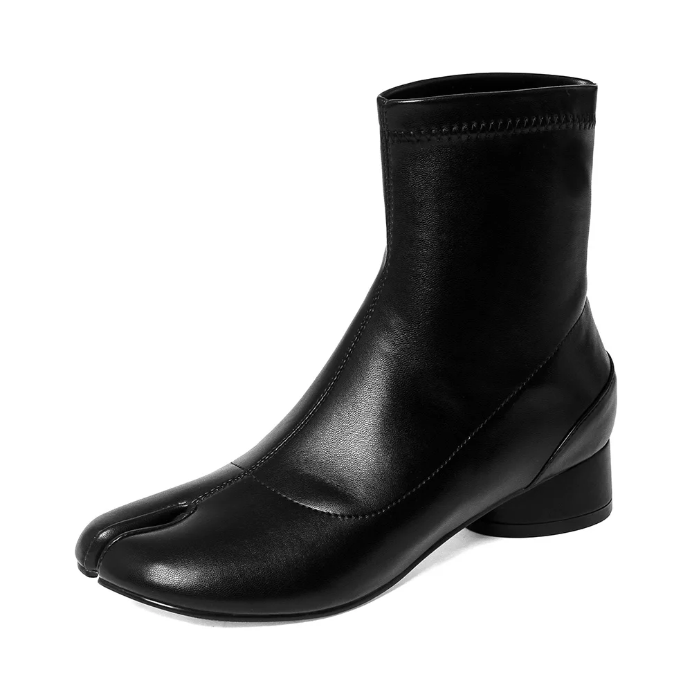 

Acedichy 2022 Spring Split Toe Ankle Boots Beige Round Heels Cow Genuine Leather Korean Stylish Trendy Shoes 4 cm