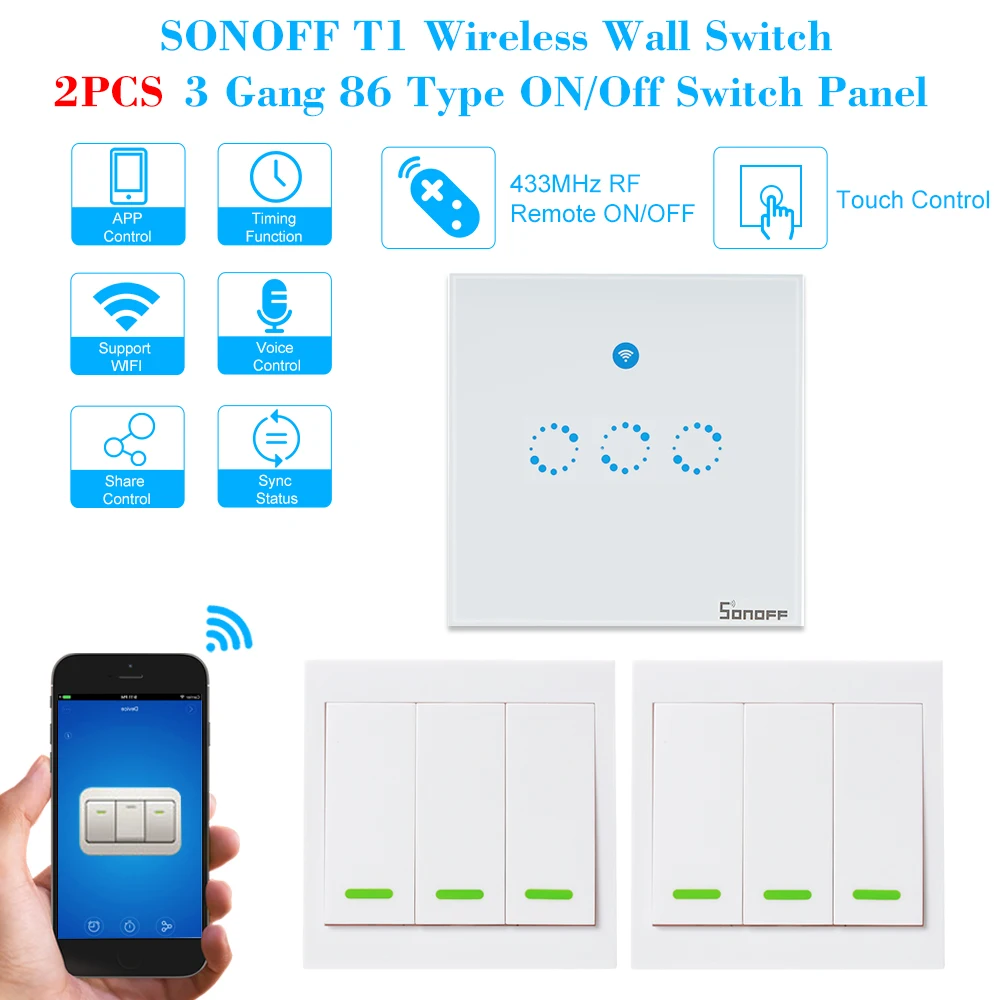 Умный настенный выключатель SONOFF T1 2 клавиши Wi Fi 433 МГц RF/APP/сенсорное управление