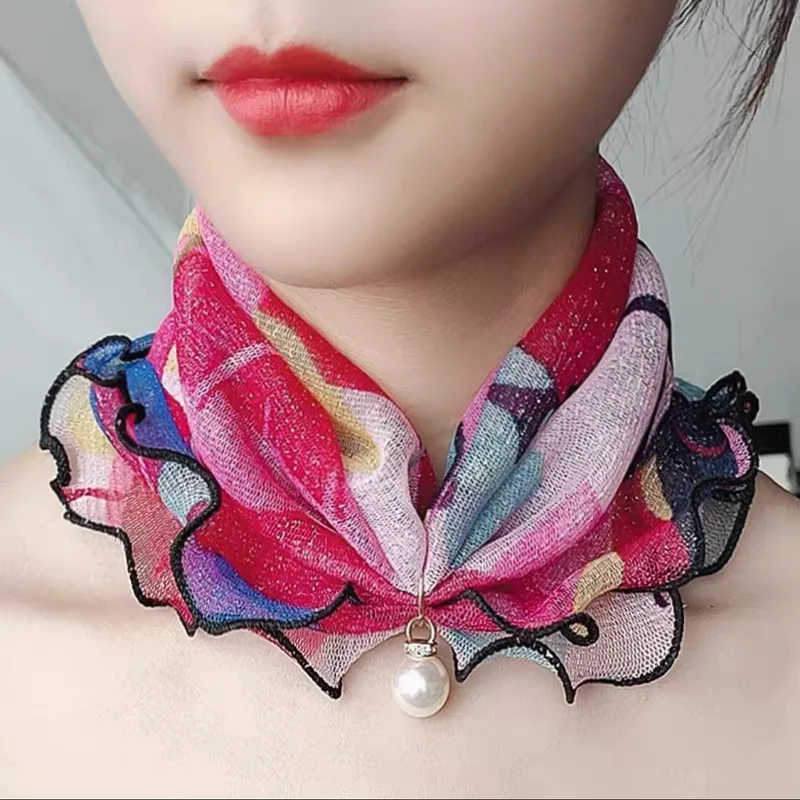 

2021 New Pearl Pendant Scarf Necklace Vintage Leopard Pattern Dot Printing Scarf Trendy Crimping Elastic Women All-Match Scarves