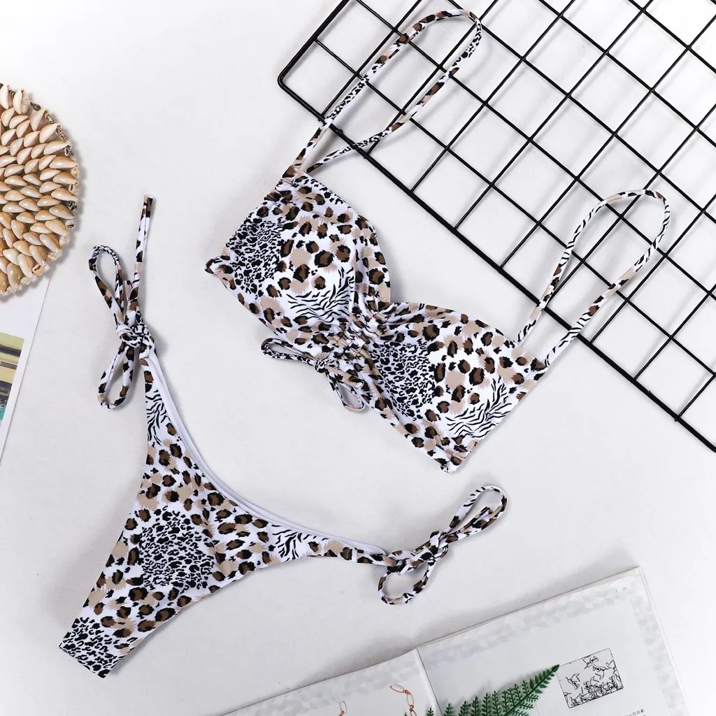 Женский купальник с леопардовым принтом сексуальный бикини из двух частей пуш-ап