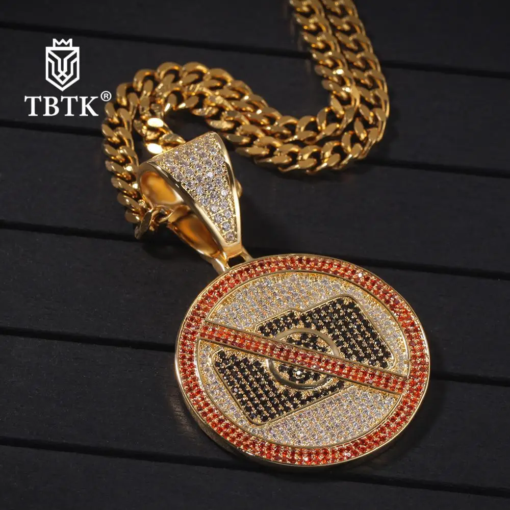 

TBTK Necklace Pendants Men Round Copper No Photo Prohibition Sign Dog Tag Pendant Trendy Fashion Jewelry Silver Color New 2020