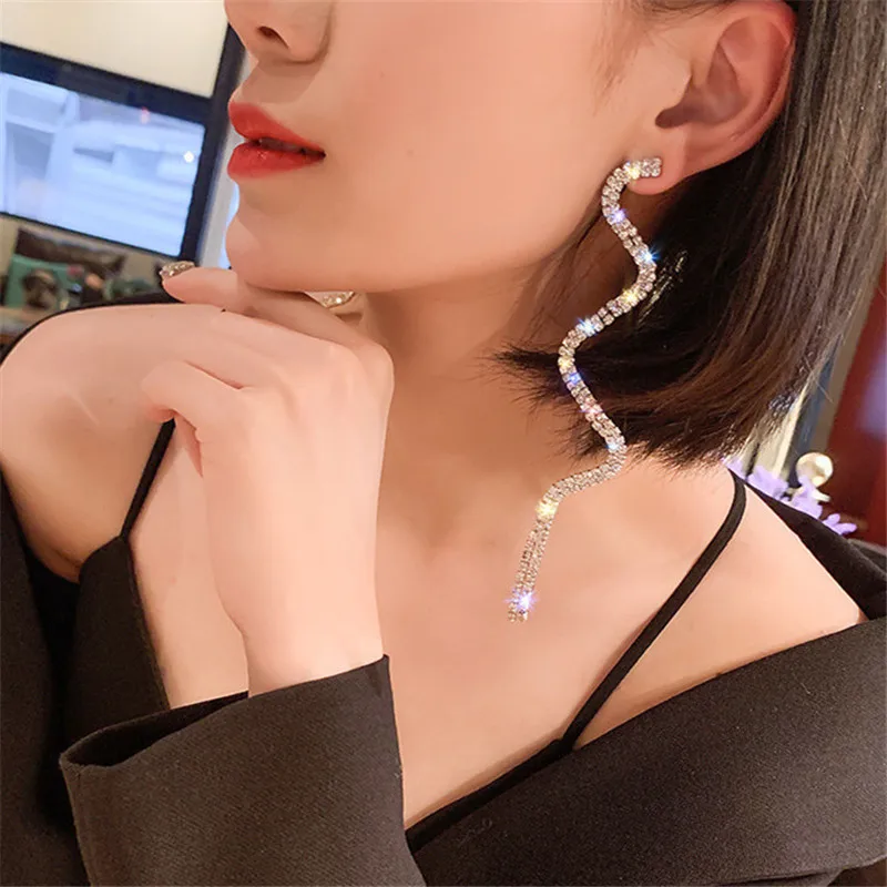Long Tassel Crystal Drop Earring For Women Shiny Gold Silver Color S Shape Rhinestone Dangle Wedding Party Jewelry | Украшения и