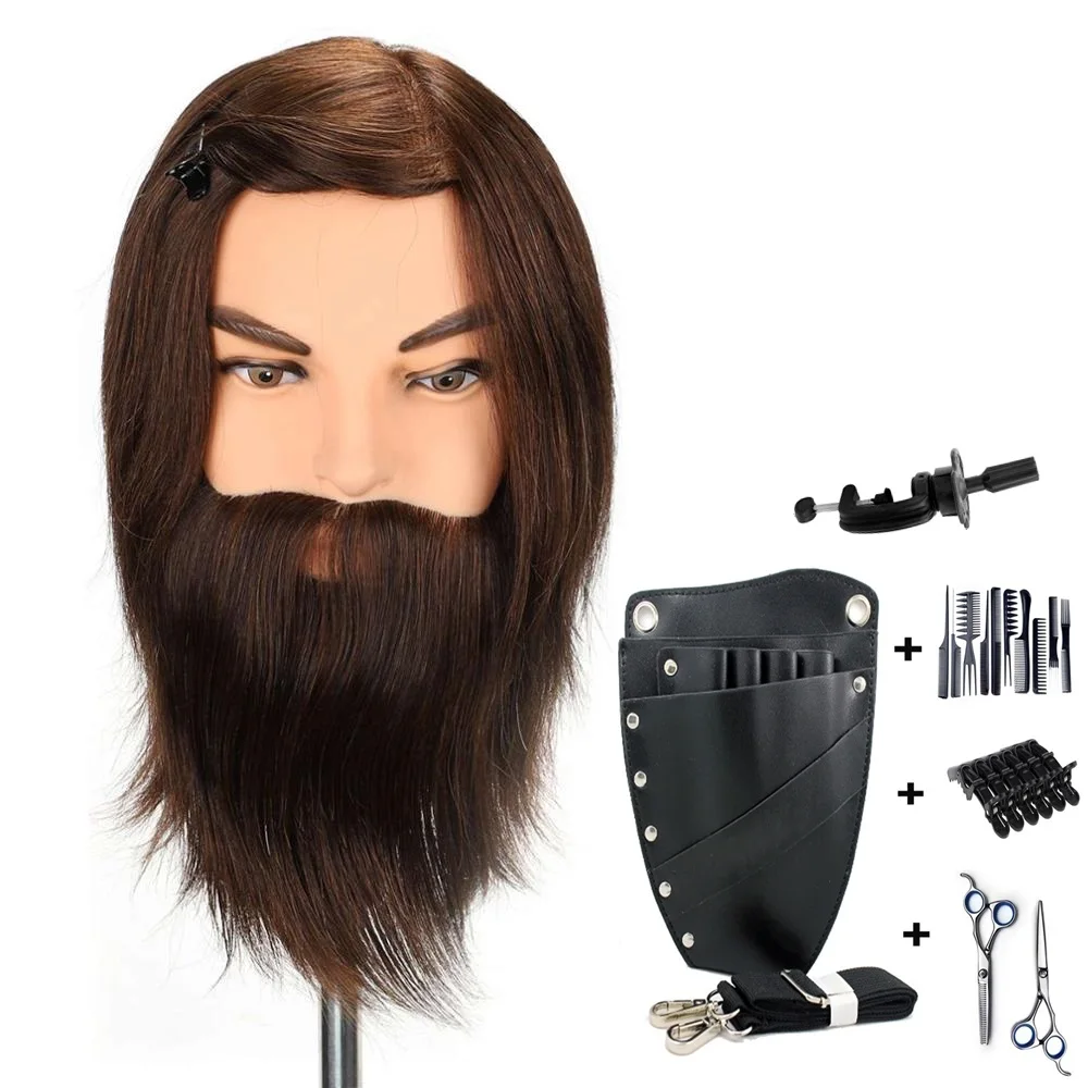 

Male 100% Natural human hair mannequin practice training head with beard barber hairdressing manikin doll head for beauty school