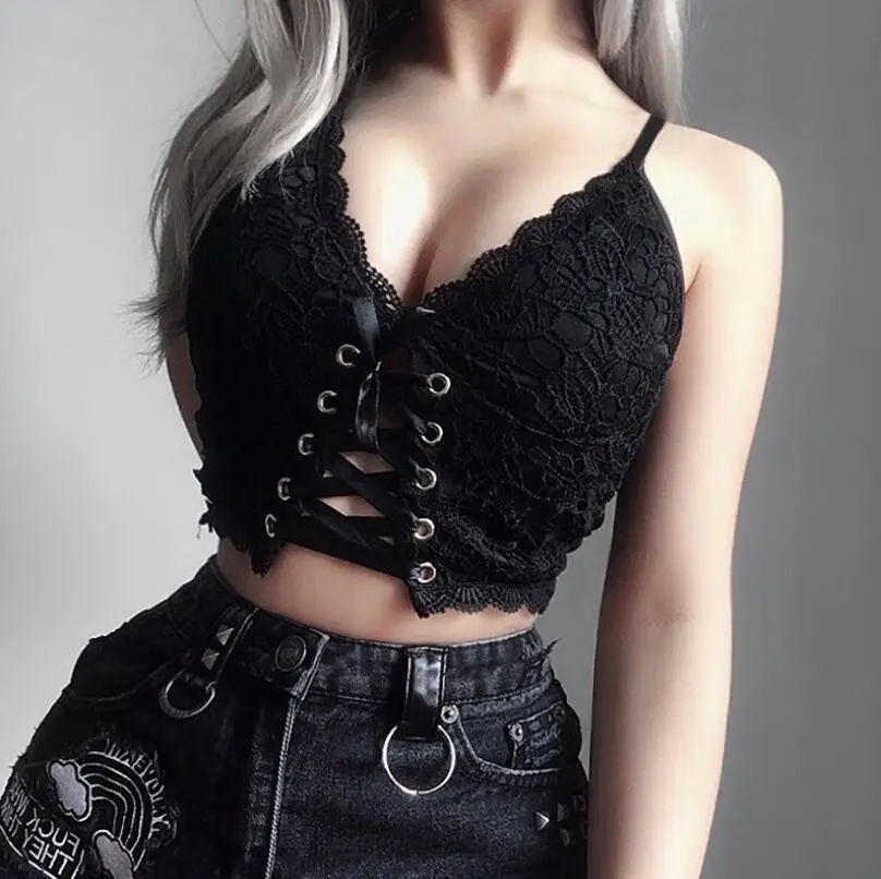 

Сексуальный бандажный кружевной бюстгальтер, Женская майка Gothis в стиле панк на бретелях, Черная майка, топы, Женский облегающий Топ без рукавов p2212