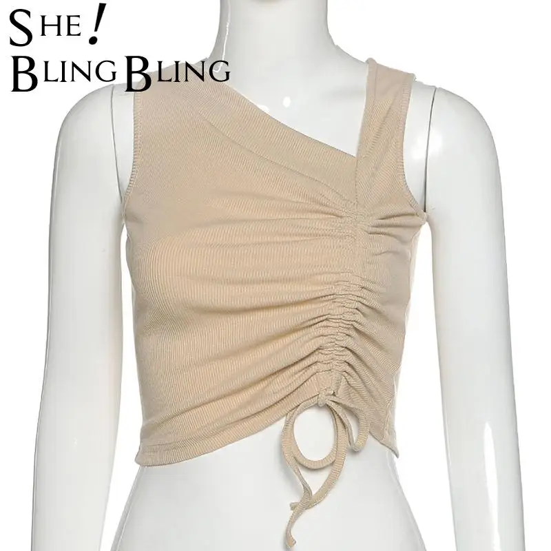 SheBling в рубчик без рукавов на лето Для женщин топы с бретельками и асимметричным