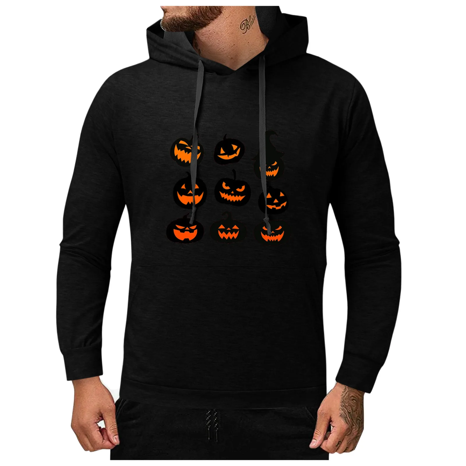 

Men's Casual Pumpkin Print Long Sleeve Tops Drawstring Pocket Hoodies Blouse