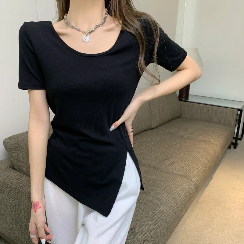 

Summer Women T-shirt O-Neck Split fork irregular Female Tee Loose Thin T-Shirt Casual black White Lady Tshirt Tops
