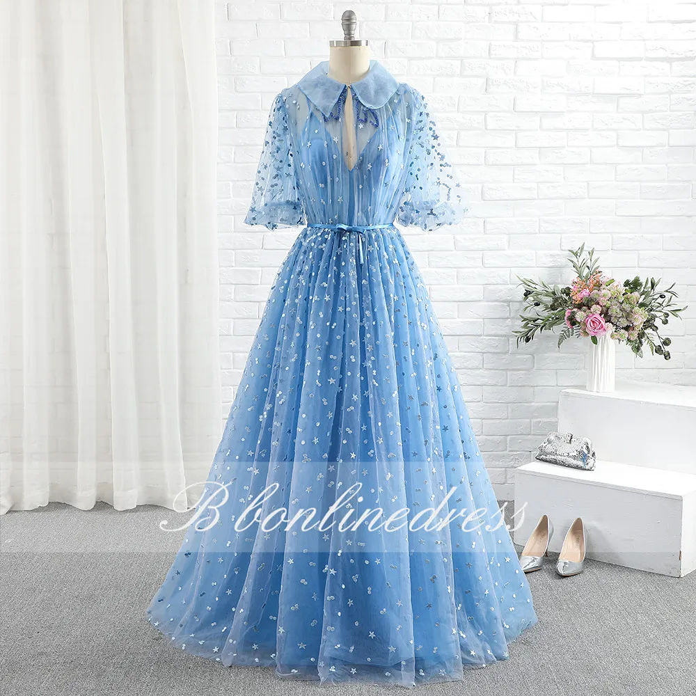 Бальное платье Bbonlinedress синее с высоким воротником коротким рукавом | Свадьбы и