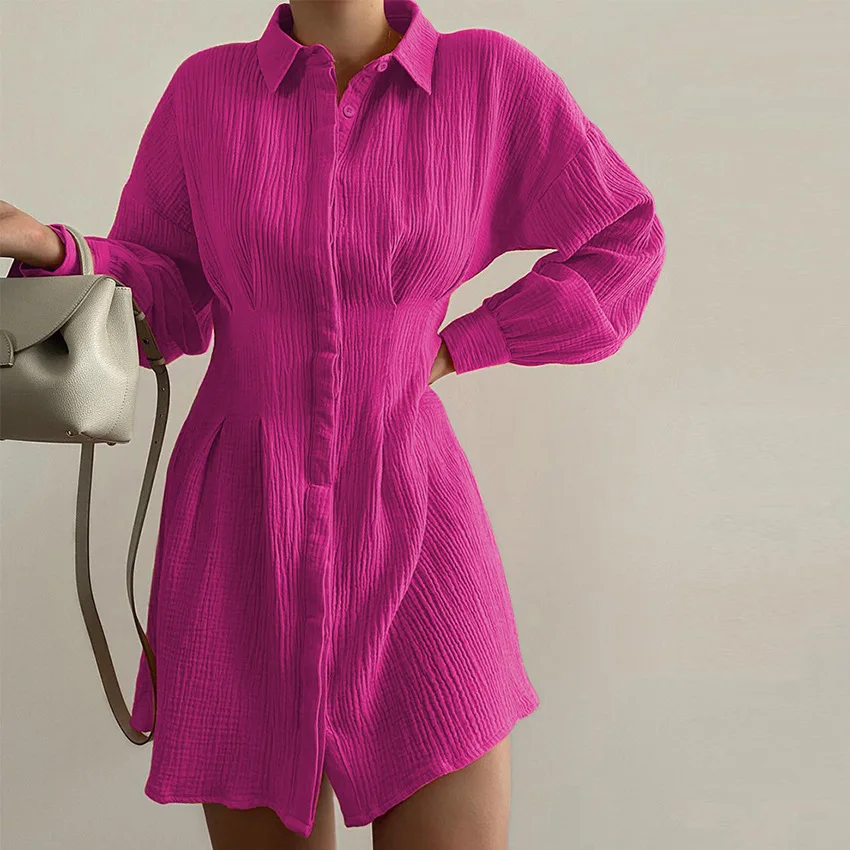 2022 Spring Women Single-Breasted Long Sleeve Folds Dress