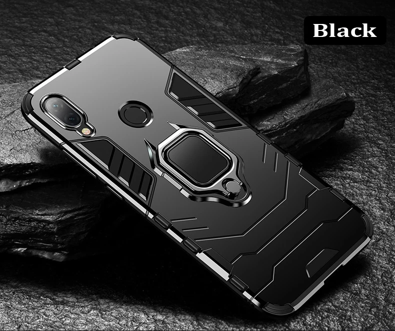 Black Бронированный противоударный ПК чехол для huawei Honor 9x 8x 8A 8S 7A 7C фотоаппаратов моментальной печати 7S Nova 5i 5 4 3 3i Y6 Y7 Pro Y9 Prime чехол с подставкой держатель кольцо - Цвет: Black