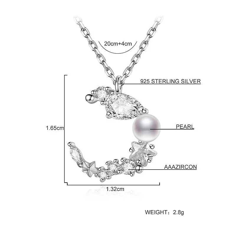 

Flyleaf Moon Star Cubic Zircon Pearl Necklaces & Pendants Real 925 Sterling Silver Necklace For Women Chain Fine Jewelry Luxury