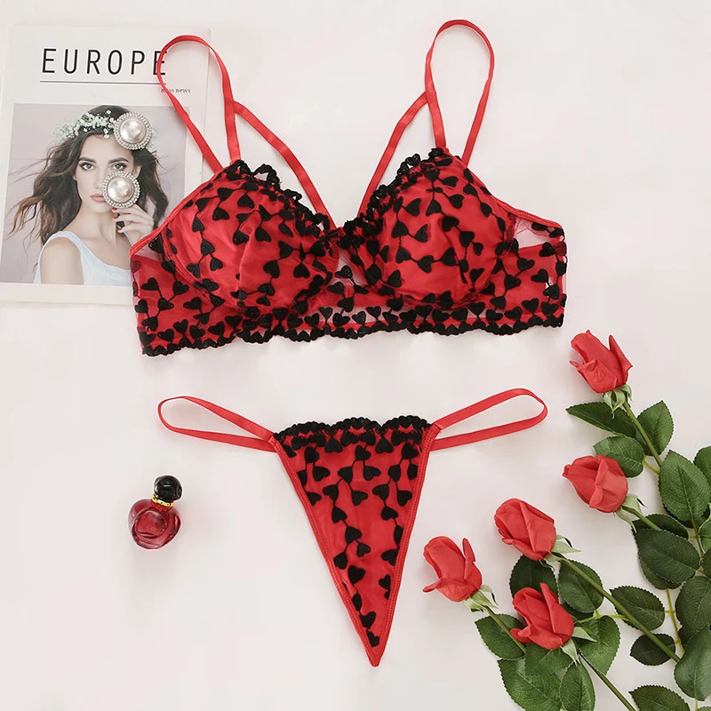 

Ellolace 4XL Sexy Love Sensual Lingerie Lace Wireless Bra and Thongs Plus Size Erotic Underwear Heart Patchwork Exotic Sets
