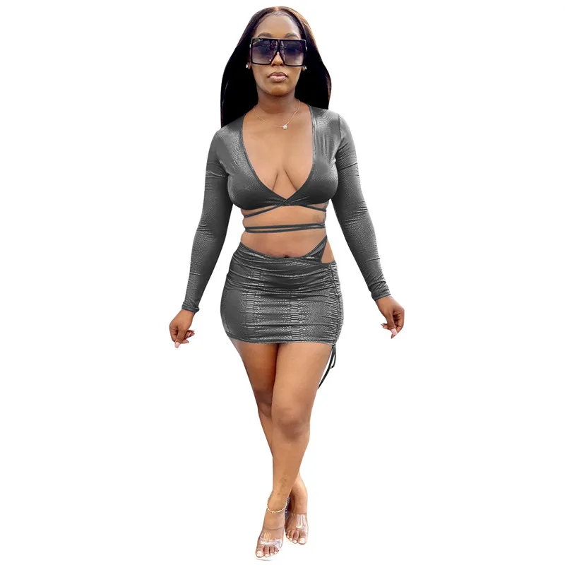 

CHRONSTYLE2021 Women's Set Sexy 2PCS Long Sleeve Lace-up V-neck Criss-cross T-shirt Crop Tops Hollow Out Skirts Female Clubwear