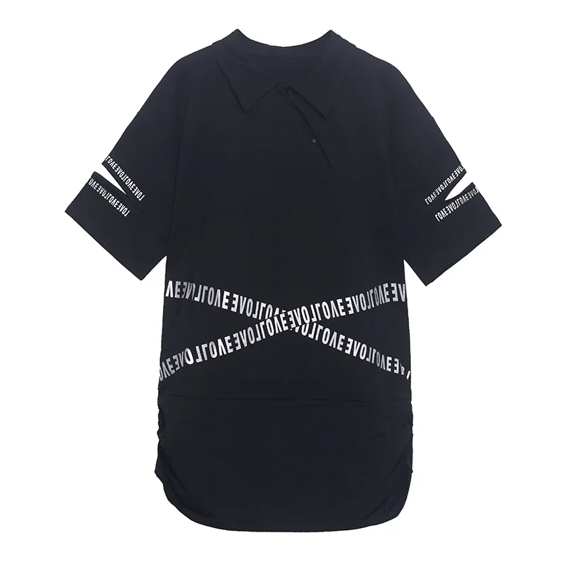 

2021 Summer Loose Slimming Mid-Length Letter Print Short-Sleeve T-shirt Women's Fashion Lapel Top