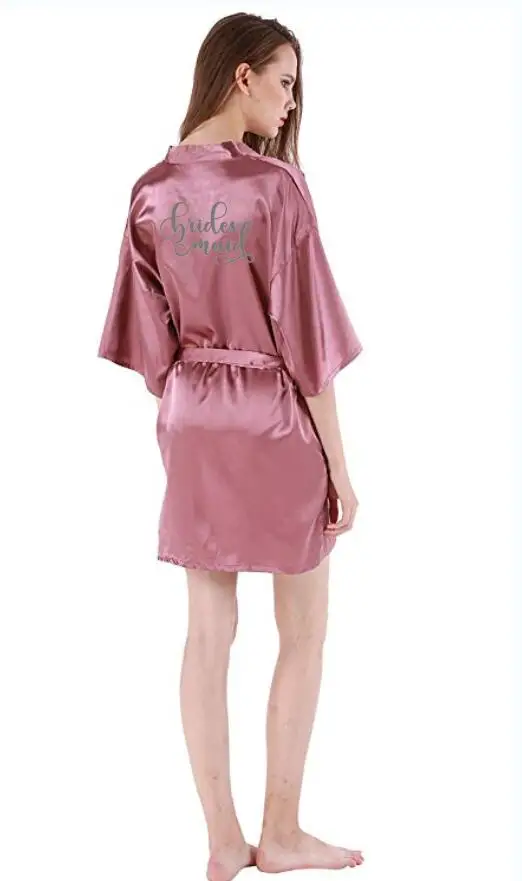 Темно-розовый халат Серебряное кимоно с буквами атласная пижама Свадебный