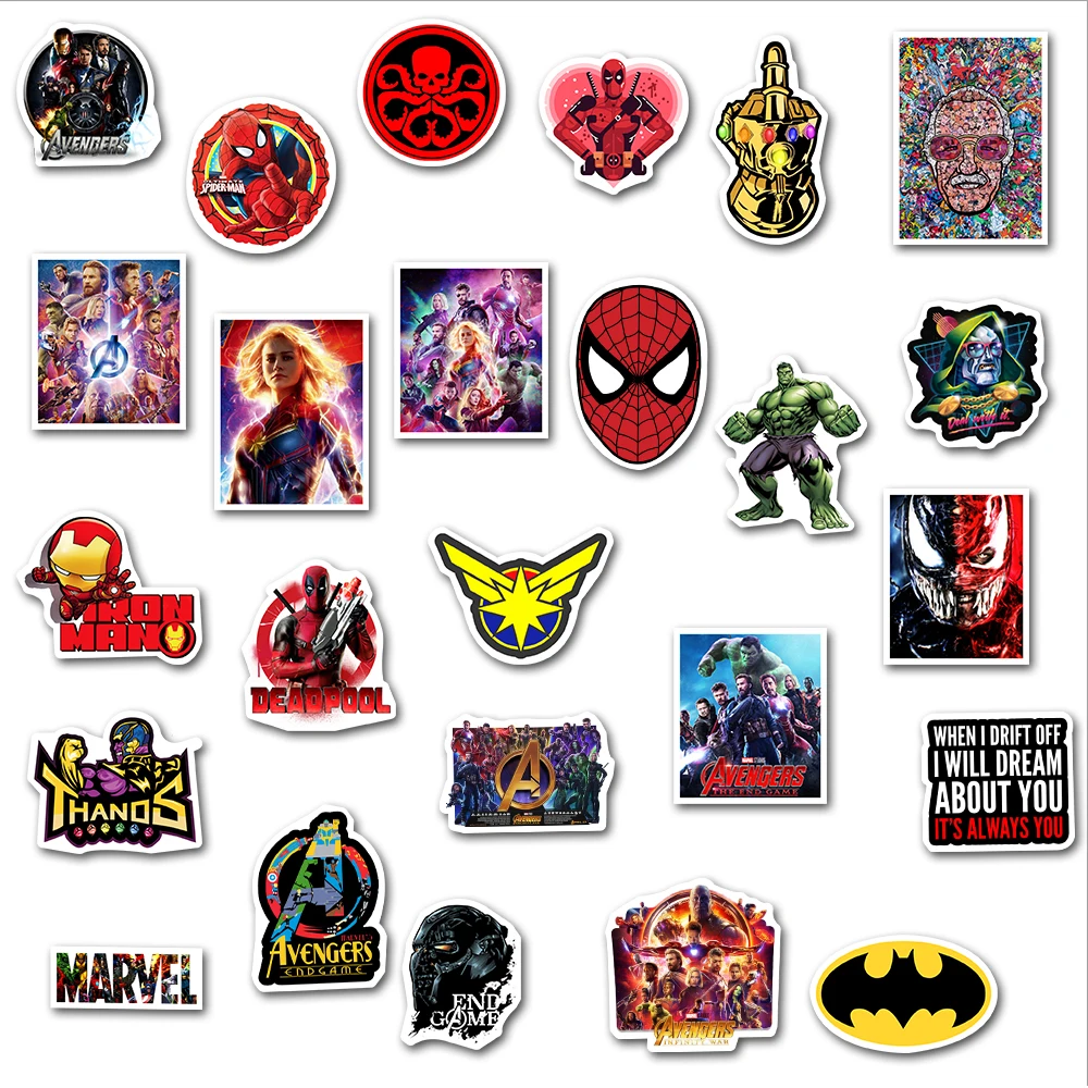 Pegatinas de Los Vengadores de Marvel, pel&iacute;cula de Disney, 10/50 Uds., pegatinas impermeables de Skateboard, guitarra, equipaje, port&aacute;til, pegatinas de juguete para ni&ntilde;os-1
