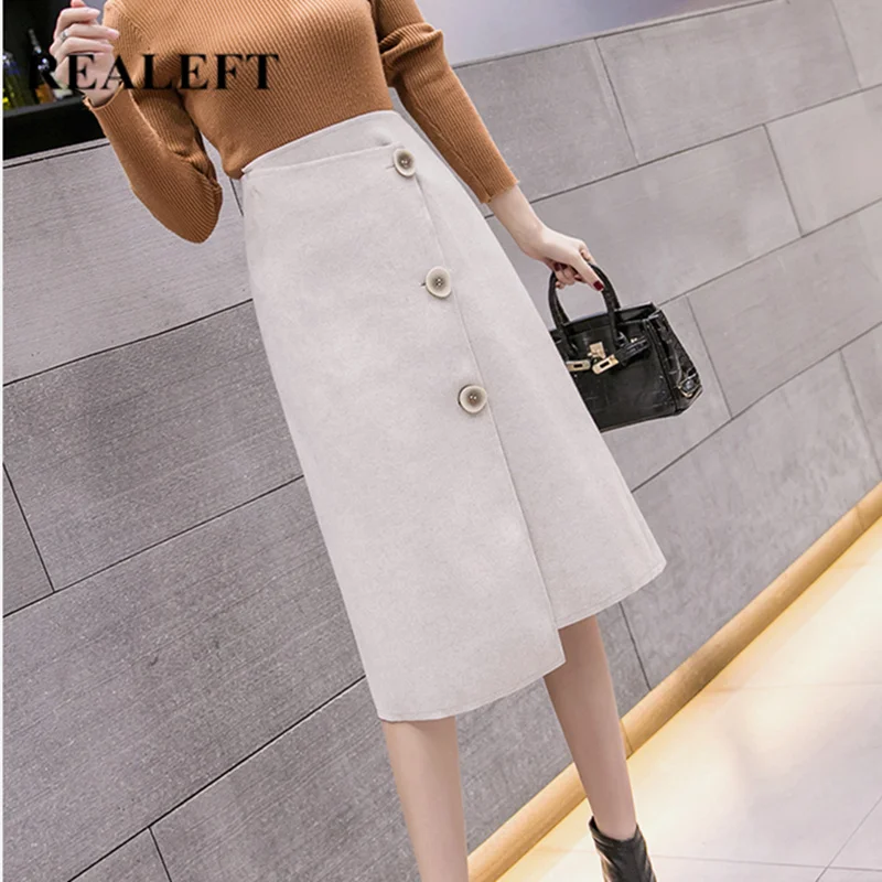

REALEFT 2020 New Winter WomenWoolen Skirts OL Style Button Decoration High Waist A-Line Skirt Elegant Midi Skirts Female SSK075