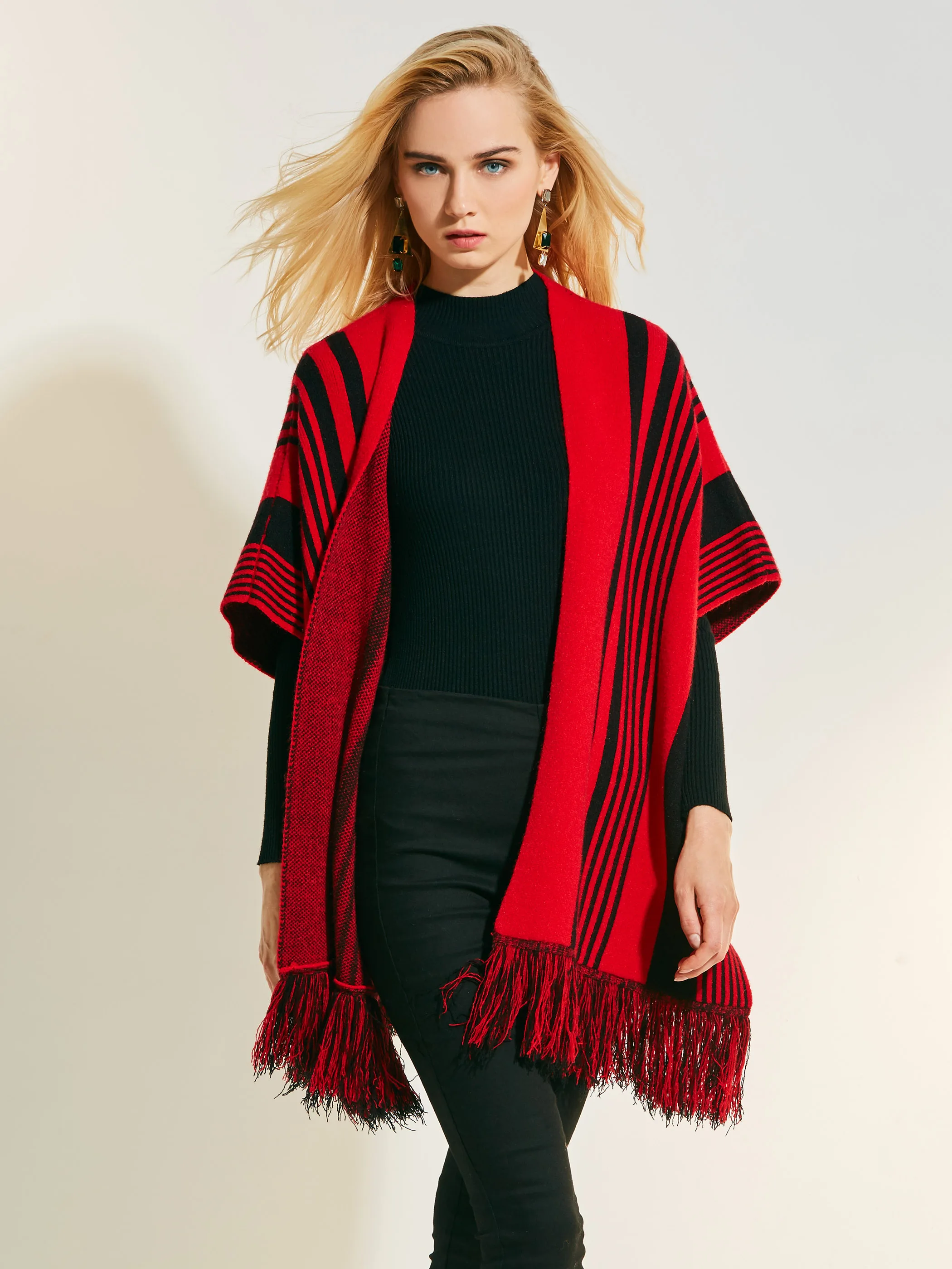 Women Cashmere Cape Red Stripe Color Block Knitted Tassel Shawl 2020 Knit Poncho Fashion Female Casual Boho Capes |