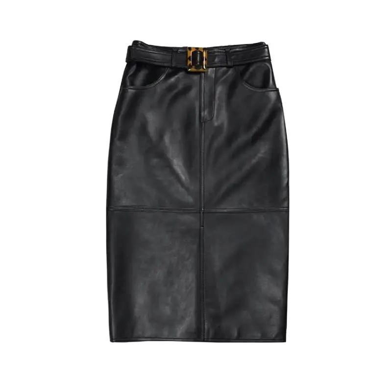 

Autumn Real Genuine Leather Skirt Sheepskin High Waist Midi Wrap Skirts Women Black Red Bodycon Vintage Sexy Party Lady Clothes