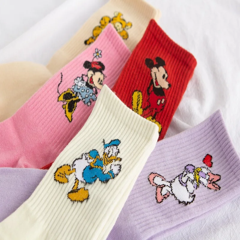 

Disney Girl cartoon sweet and cute solid color Mickey Minnie Dais Donald Duck cotton sweat-absorbent tube socks sports socks