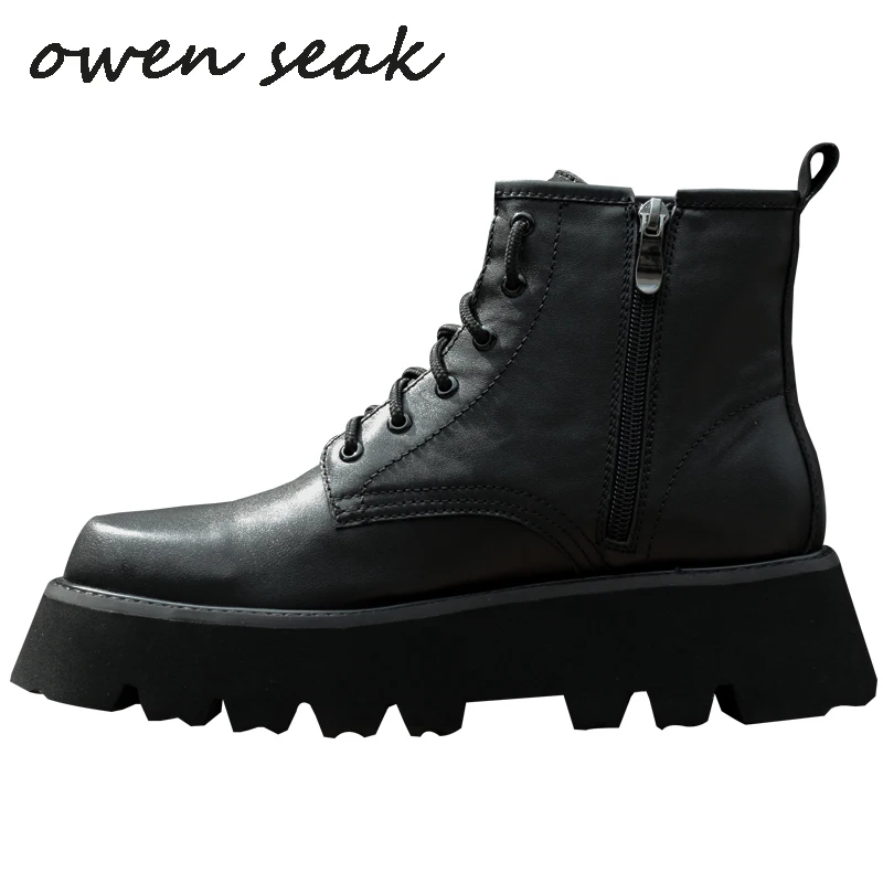 

Owen Seak Men Riding Boots Genuine Leather High-TOP Ankle Heighten Luxury Trainers Casual Street Flats Autumn Winter Shoes