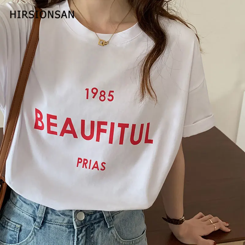 

Hirsionsan New Summer Letter Printed Cotton Woman Tshirts Korean Loose Casual Tops Harajuku Graphic T Shirts Shirts for Women