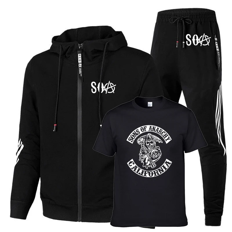 

NEW SOA Sons of anarchy the child Skull Printed Fashion Men's suits high quality cotton Men's sweatshirt+T-shirt+pants 3-piec