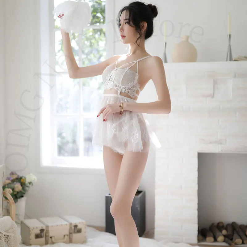 

OIMG2021 New Sexy Lingerie Female Water Soluble Floating Flower Fairy Women's Sexy Temptation Mesh Nightdress Suit