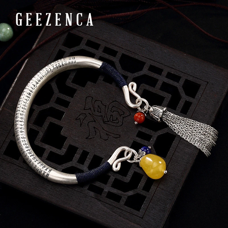 Цельные 999 стерлингового серебра изменяемые браслеты Будда сердце Sutra Янтарный