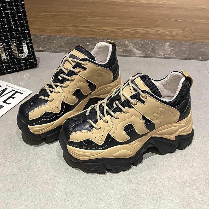 

2022 Spring Women Chunky Sneakers Breathable Leather Casual Shoes Heels Platform Shoes Chaussures Femme Sports Dad Shoes 8 cm