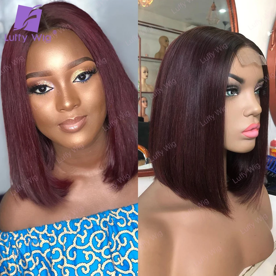 

Short 99j Bob Human Hair Wig Brazilian Remy Hair 5x5 PU Silk Scalp Top Lace Front Wig Pre Plucked Glueless For Black Women Luffy