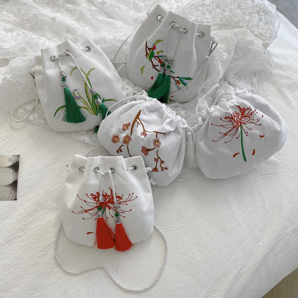 

Fashion Women Embroidery Canvas Shoulder Bag Casual Ladies Tassel Crossbody Bags Versatile Ladies Tassel Drawstring Handbag