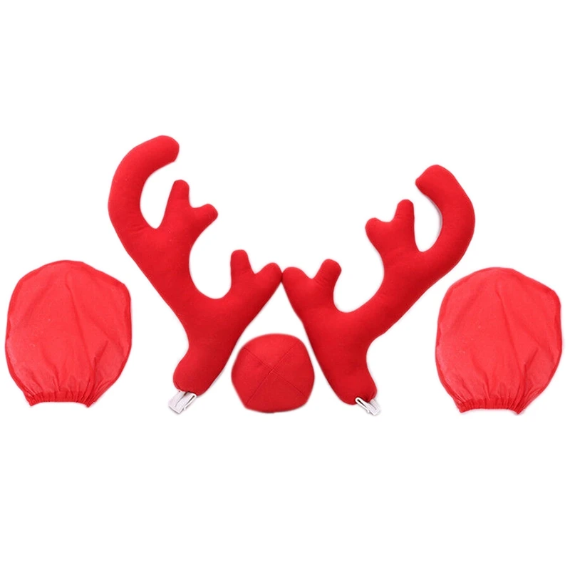 

5Xuniversal Red Plush+Plastic Car Big Reindeer Antler Nose&Rearview Mirror Cover Car Christmas Decoration Kit