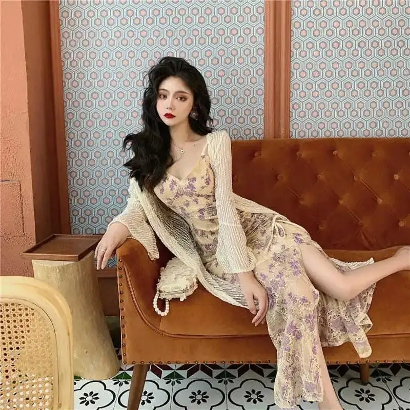 

Suspender dress women 2021 new summer light mature temperament lace split long skirt Purple Floral Skirt
