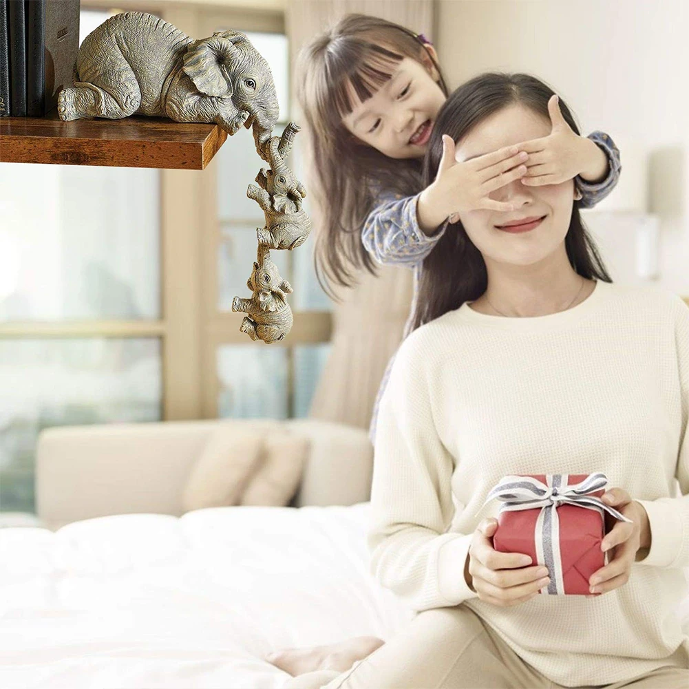 3Pcs Elephant Sitter Hand-Painted Resin Figurines Mother And Two Babies Hanging Off The Edge Of Shelf Table Home Decoration | Дом и сад