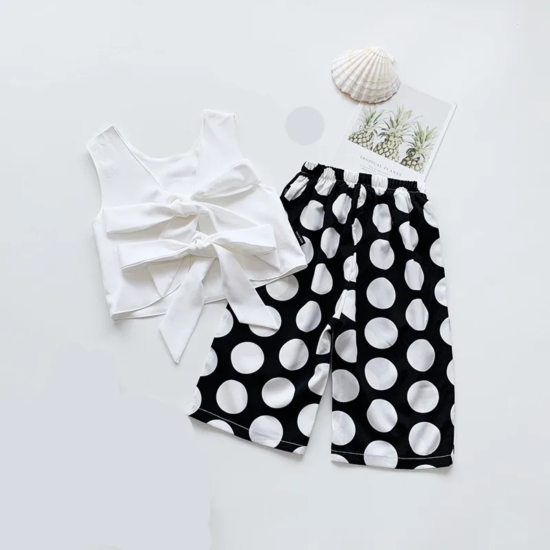 

Baby Girls Suit 2020 Summer New fashion girls sleeveless halter bow vest + big round dot wide leg pants 2 Pcs girl kids clothing