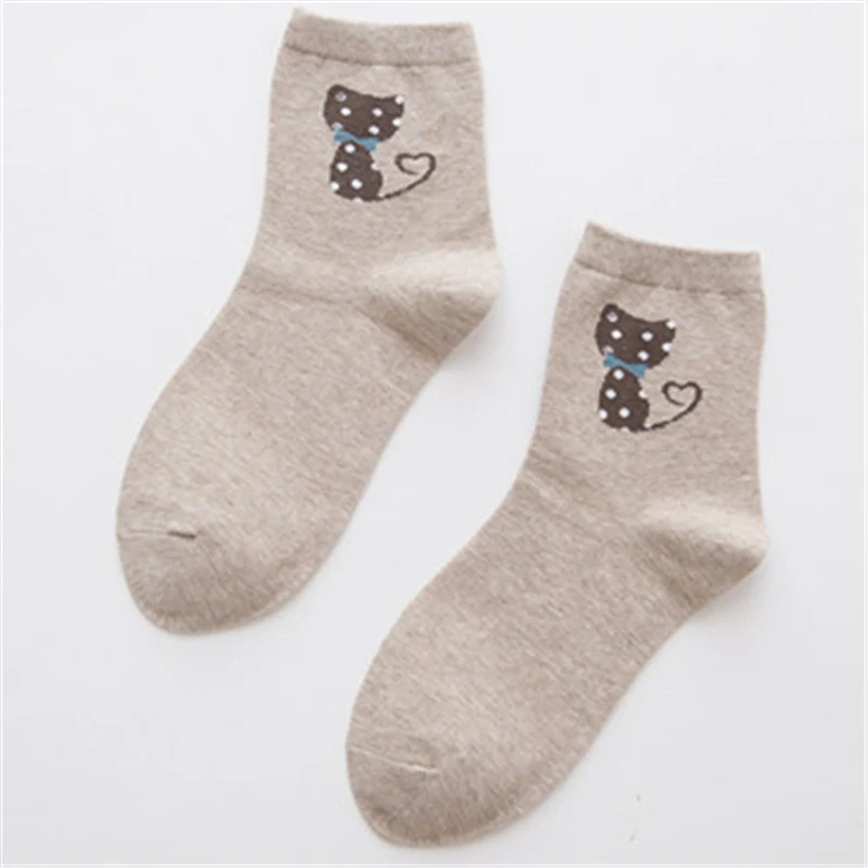 Beige 2 Забавные женские зимние теплые мягкие хлопковые носки с котом «I love Kitty», с надписями, в полоску, с рисунком, труба для кошки, носки mujer sox - Цвет: Beige 2