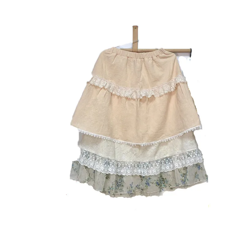 

Lolita Ethnic Mori Girl Vintage Bohemian Hippie Boho Embroidery Crochet White Lace Layer Floral Cotton Linen Patchwork Skirt