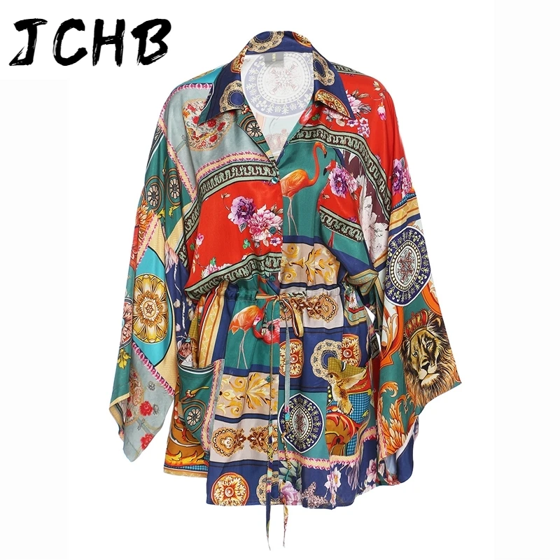 

JCHB Printing Drawstring High Waist Adjustment Lapel Loose Shirt Dresses For Women Casual 2021 Spring GX253