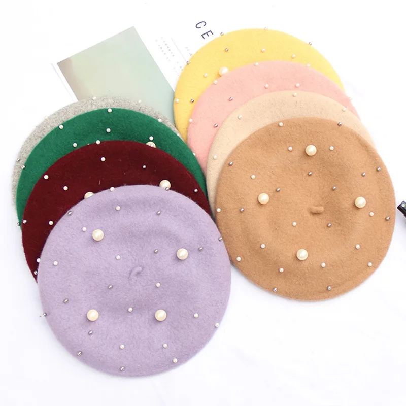 Шерстяной женский зимний Роскошный Жемчужный винтажный кашемировый берет с