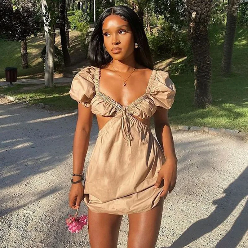

Женское пикантное платье с пышными рукавами, однотонное мини-платье цвета хаки с V-образным вырезом, завязкой, открытой спиной и высокой тал...