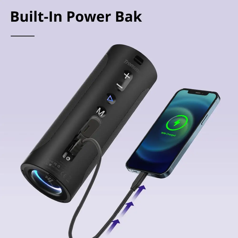 Tronsmart T6 Pro 45W Bluetooth 5.0 Portable Lighting Speaker with Built-in Powerbank IPX6 Waterproof Type-C 24 hours of Playtime |
