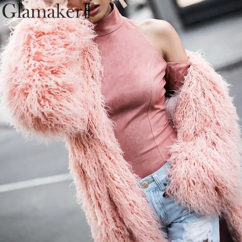 Glamaker из искусственного меха, теплое модное пальто, женское сексуальное длинное розовое плюшевое меховое пальто, Осень-зима, Свободные Плюшевые вечерние пальто клубного размера плюс