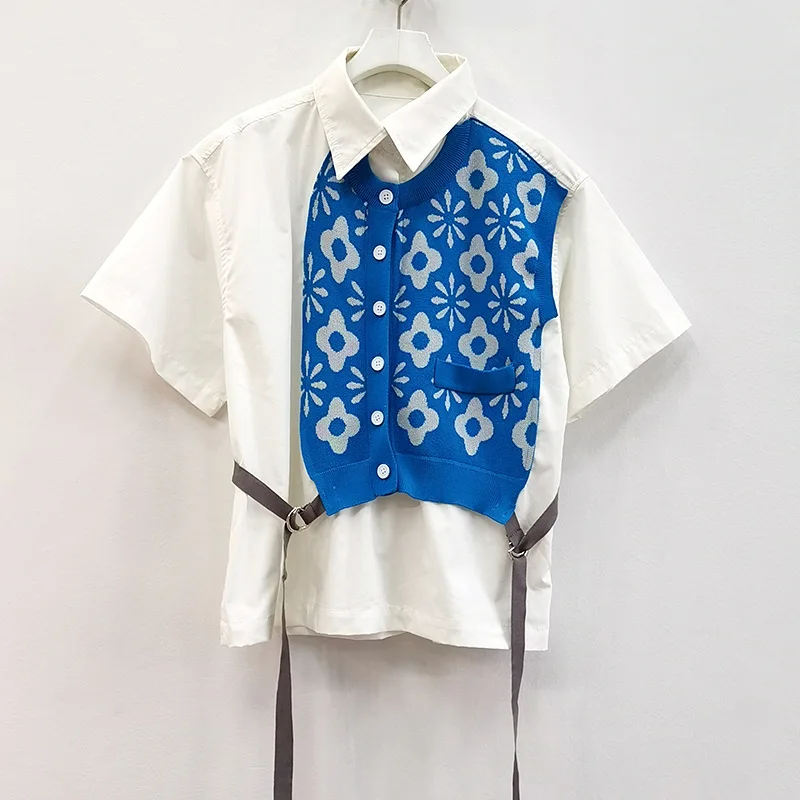 

New Color-Contrast Stitching Floral Print Short Sleeves Cotton Shirt Women's Fashion All-match Lapel Blouse Women's Casual Top