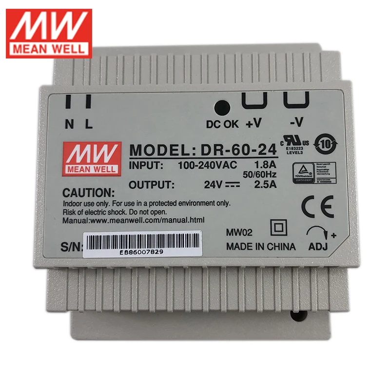 Фото Meanwell DR-60-24 60 Вт 24 в DIN-рейка импульсный источник питания 110 В/220 В переменного тока Meanwell DR-60-24 60 Вт 24 в DIN-рейка импульсный источник питания 110 В/220 В переменного тока