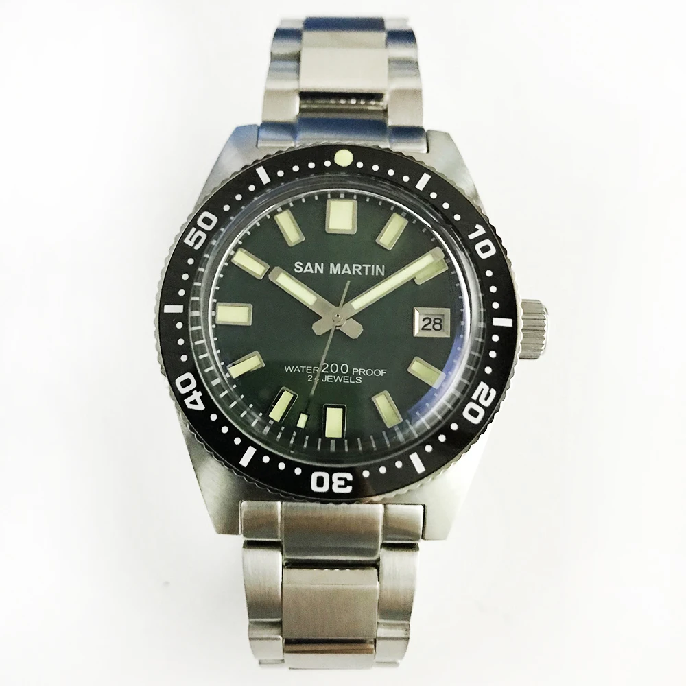 mineral green dial Мужские автоматические часы San Martin 62MAS, Водонепроницаемость 200 м, 12 светящийся ободок, ремешок из нержавеющей стали, мужские наручные часы для дайвинга - Цвет: mineral green dial