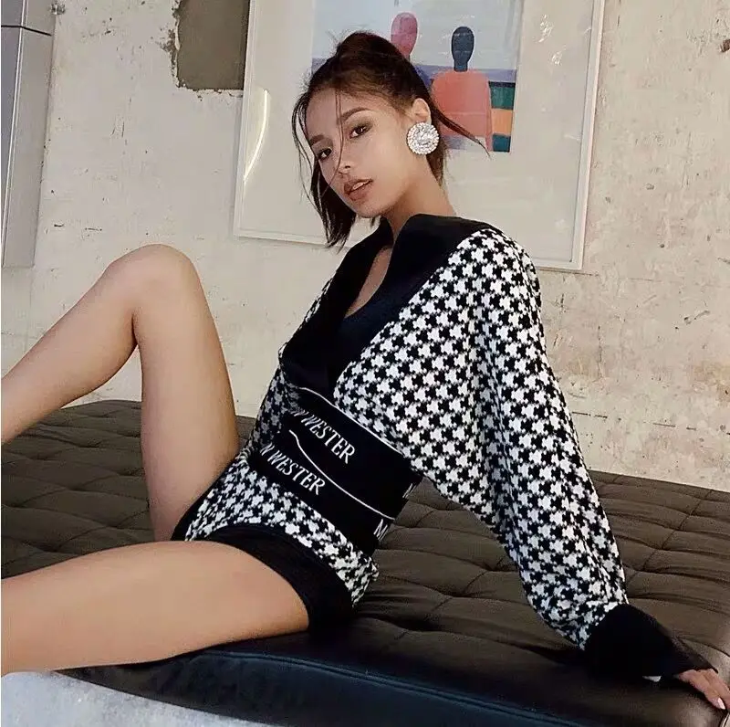 Твидовый комплект из двух предметов с надписью «Houndstooth», женские шорты с высокой талией и широкими штанинами, комплект с укороченным топом, осенняя Клубная одежда, сексуальная одежда для вечеринок